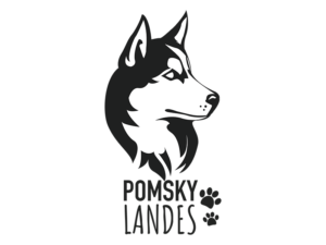 Logo Pomskylande en formes d'une tete de husky avec le nom de l'elevage en dessous